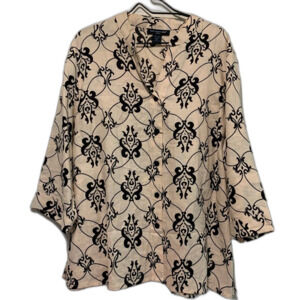 Saint Tropez West cream black Fleur-de-lis print linen tunic top size 2x